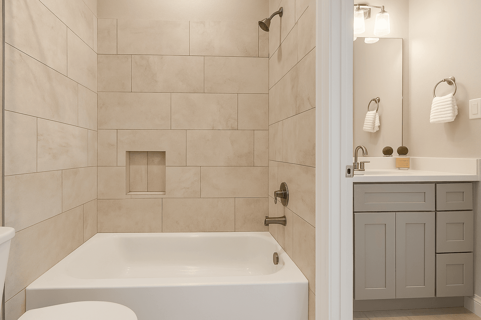 Secondary bathroom with tiled tub and shower