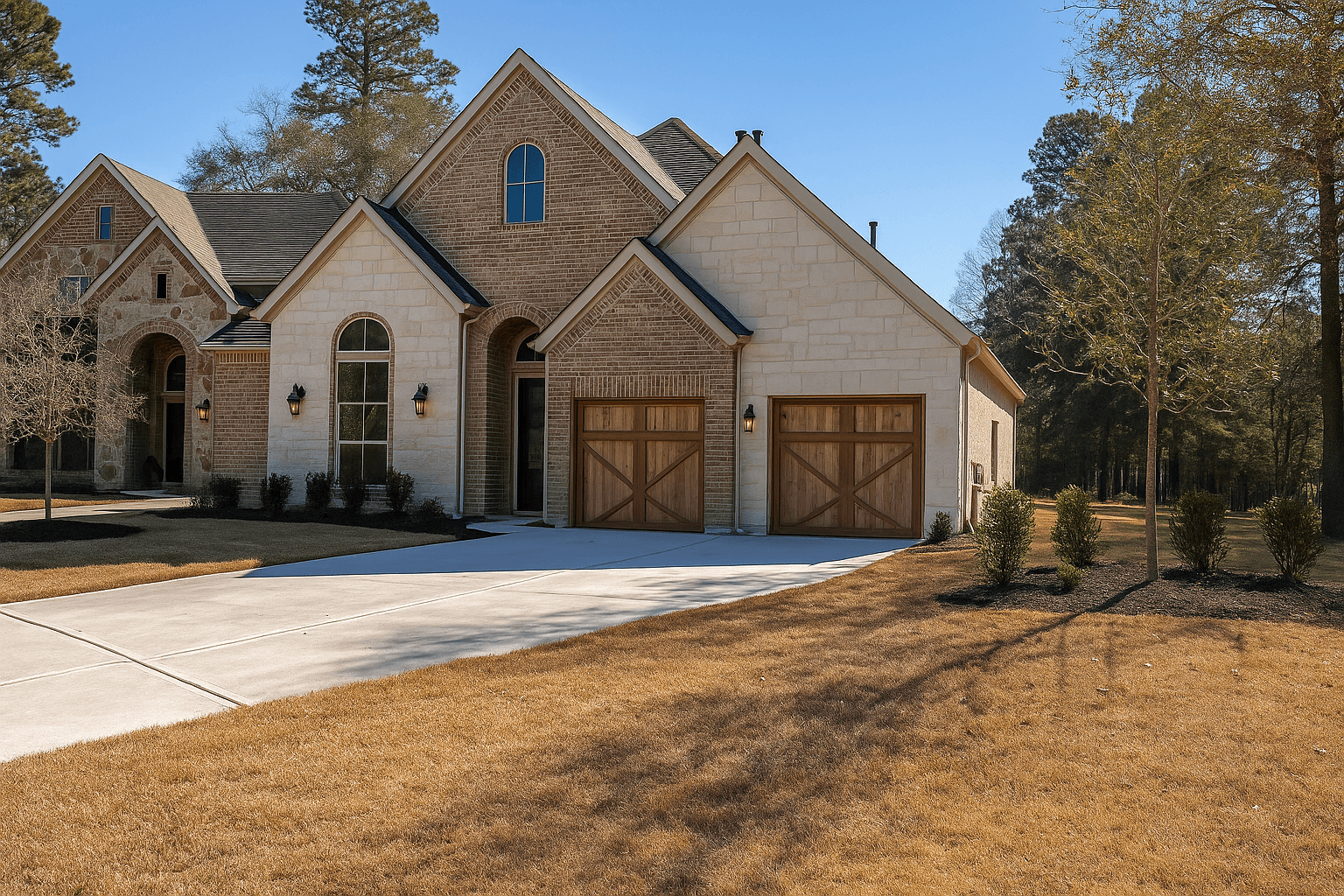 Custom home front exterior with three-car garage