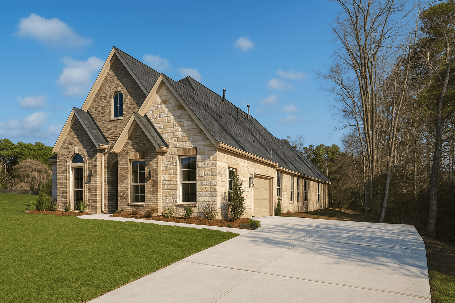 Custom home exterior on a wooded lot
