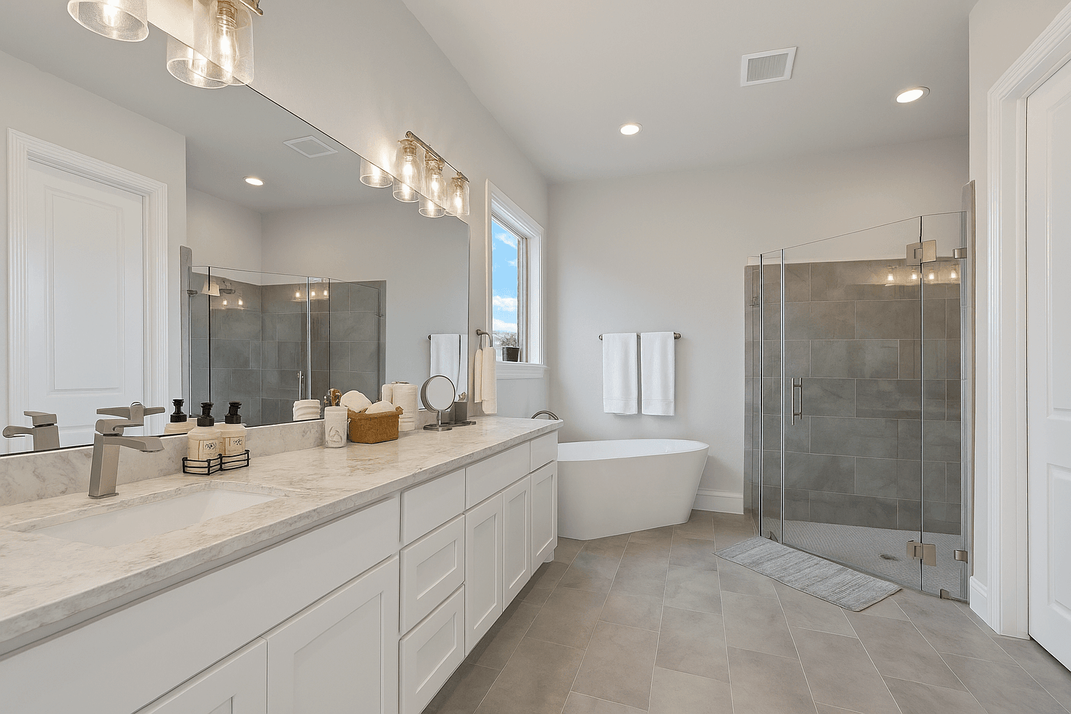 Primary bathroom with freestanding tub and glass shower