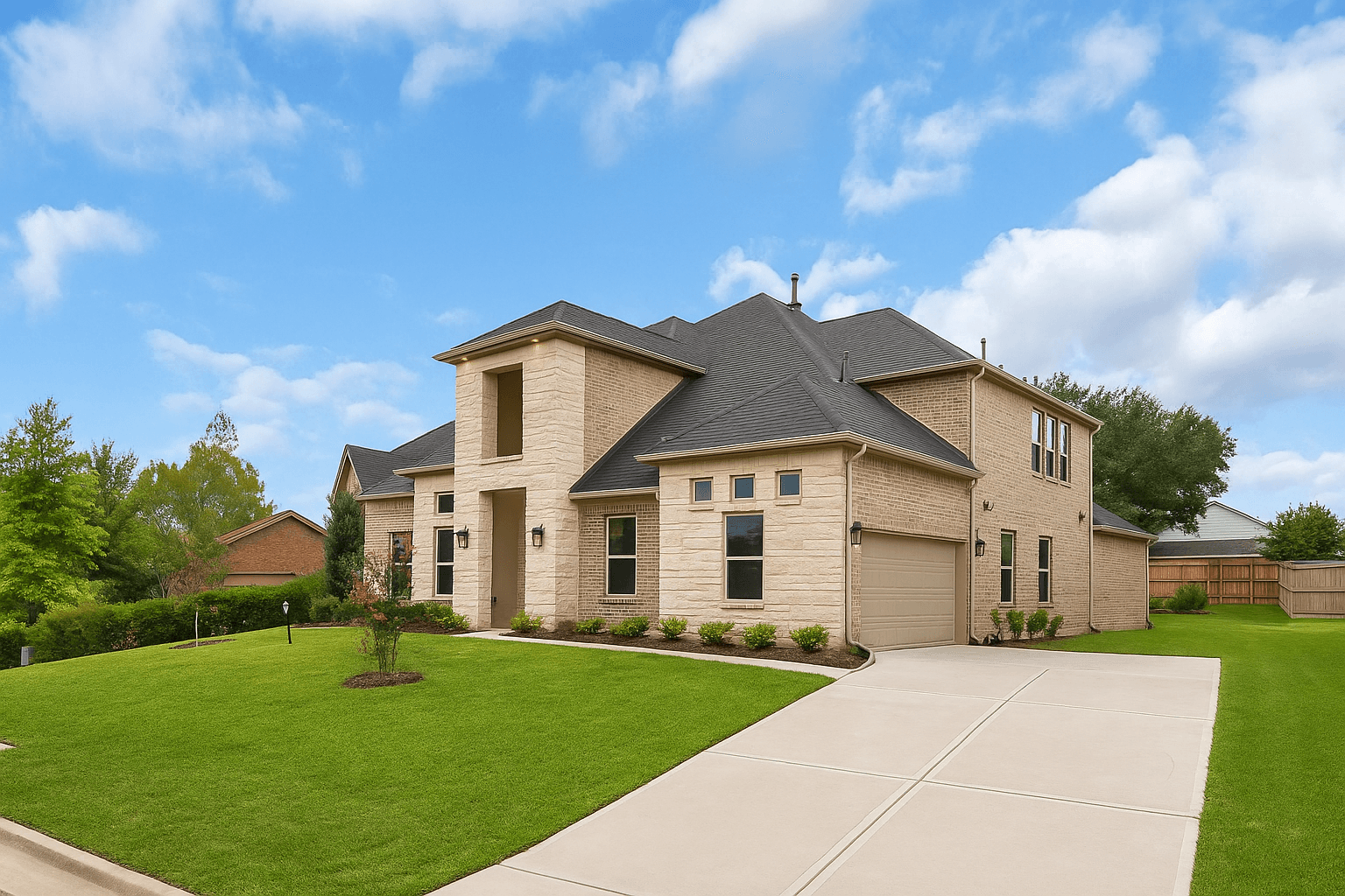 Custom home exterior in the evening